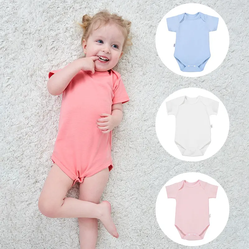 Custom GOTS Organic Pure Cotton Short Sleeve Girls Boys Clothing Solid Color Cotton Baby Rompers Bodysuit