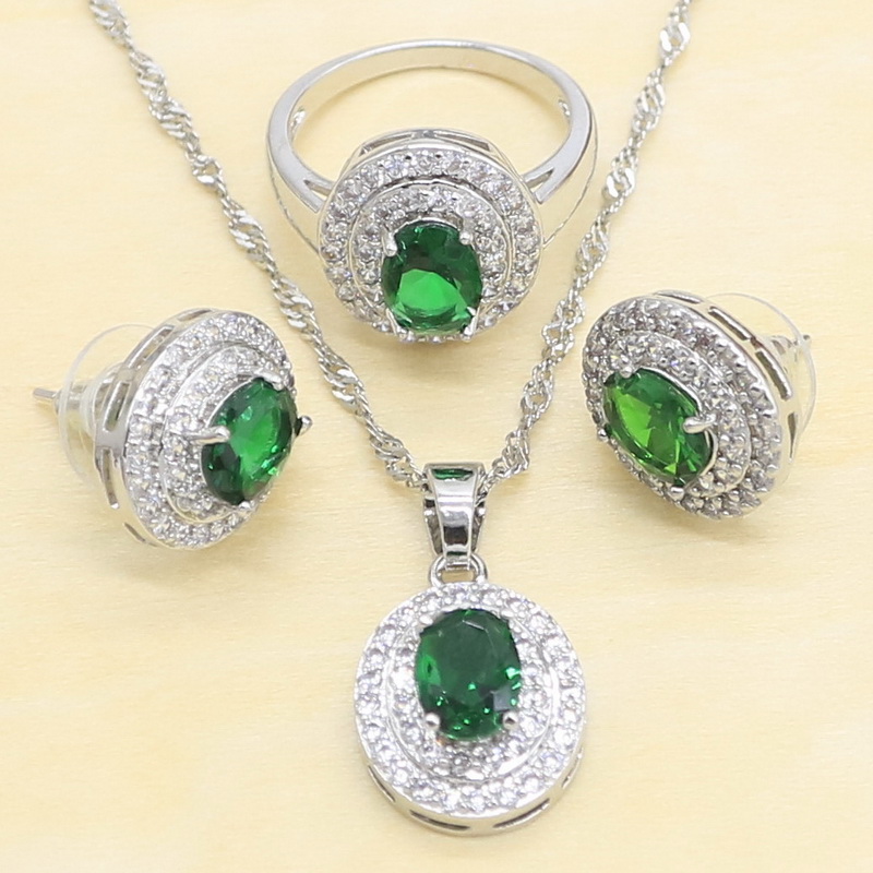 Oval Green Stone Silver Color Jewelry Sets For Women Stud Earrings Necklace Pendant Rings