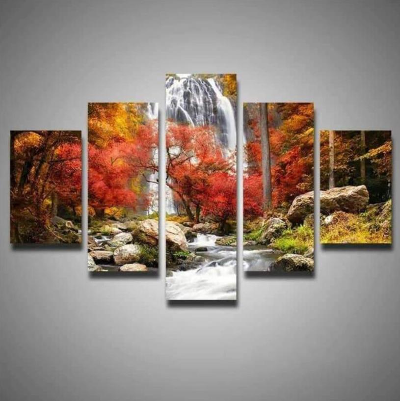 Wall Art Canvas Painting Home Decor 5 Pieces Forest Lake Waterfall Scenery Pictures Tree Flower Swan Poster Home Decor(No Frame)