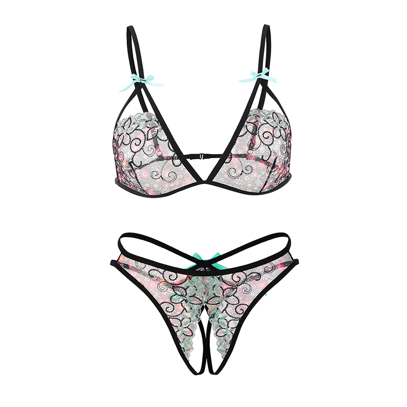 ladies hollow out floral bandage drawstring pink sexy lingerie panties and bra bralette set