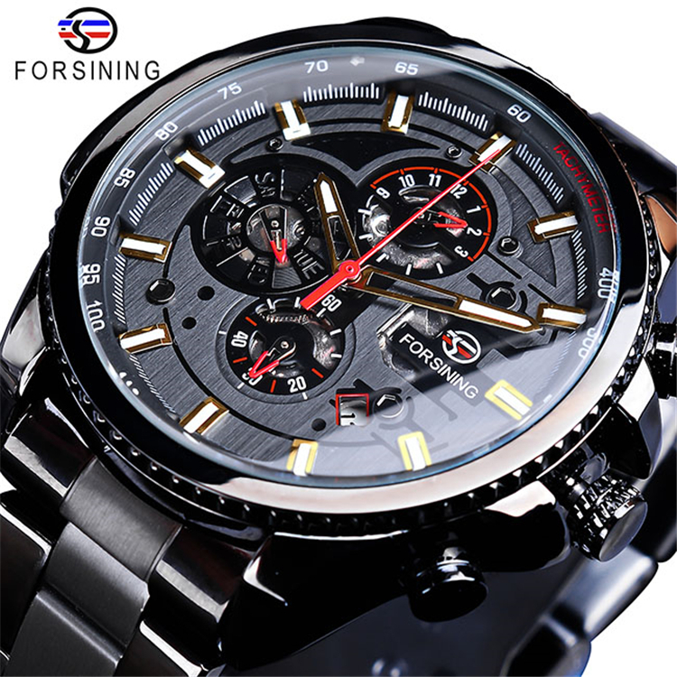 Часы наручные FORSINING GMT1137 Мужские механические, брендовые Роскошные спортивные в стиле милитари, с календарем и тремя циферблатами из нержавеющей стали