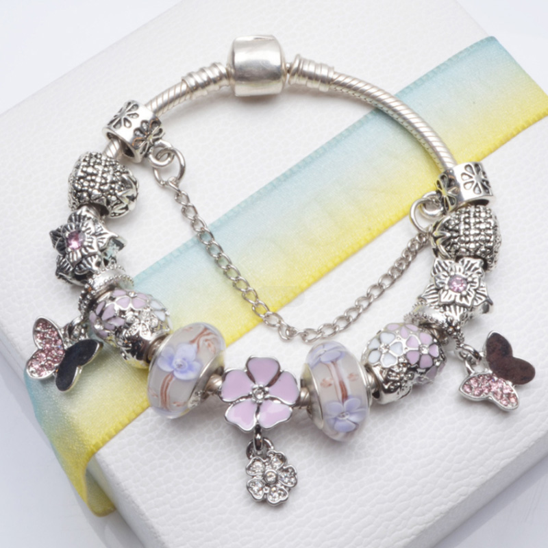 High Quality Pink Crystal Glass Beads Charm Bracelet Delicate Rhinestone Flower Butterfly Pendant Bracelet