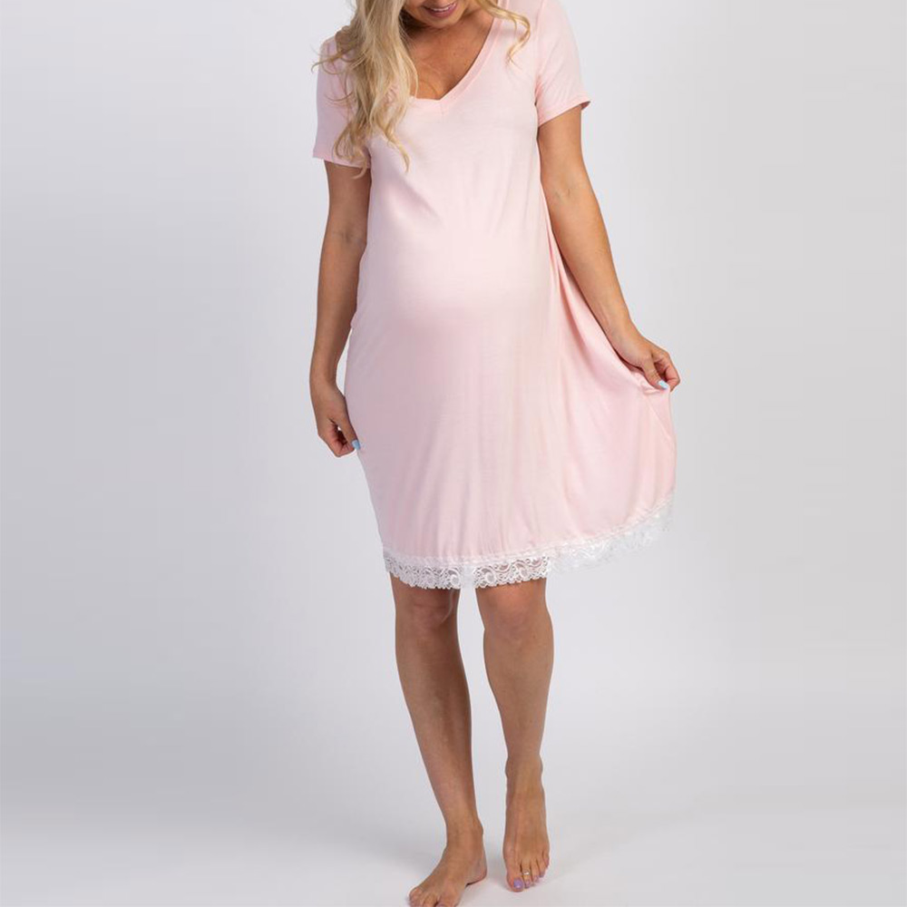 Cheap Dresses Wholesale Maternity V Neck Short Sleeve Solid Pink Lace Trim Knee Length Dress Ladies Cheap Dresses