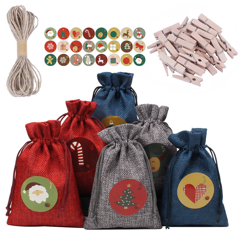Cheap Wholesale 24 Pieces of Decorative Hanging Small Cloth Bag Advent Calendar Beam Mouth Linen Bag Christmas Gift Bag Set