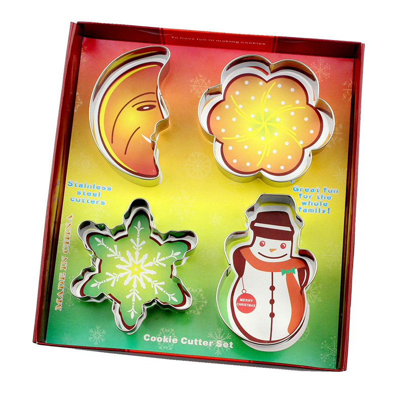 Amazon hot sales high quality 4 Pcs/Set Bakeware Tool Christmas Shapes Cookie 304 Stainless Steel Biscuit Cutter Mold