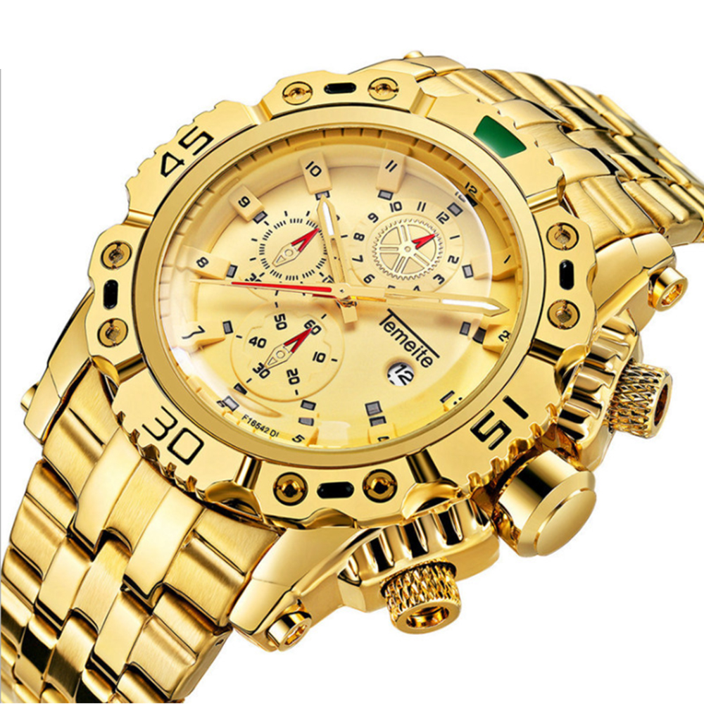 TEMEITE 013G Wholesale Gold Mens Quartz Watch Low Cost Heavy Duty Waterproof Date Display Luxury New Business Wristwatch Relogio