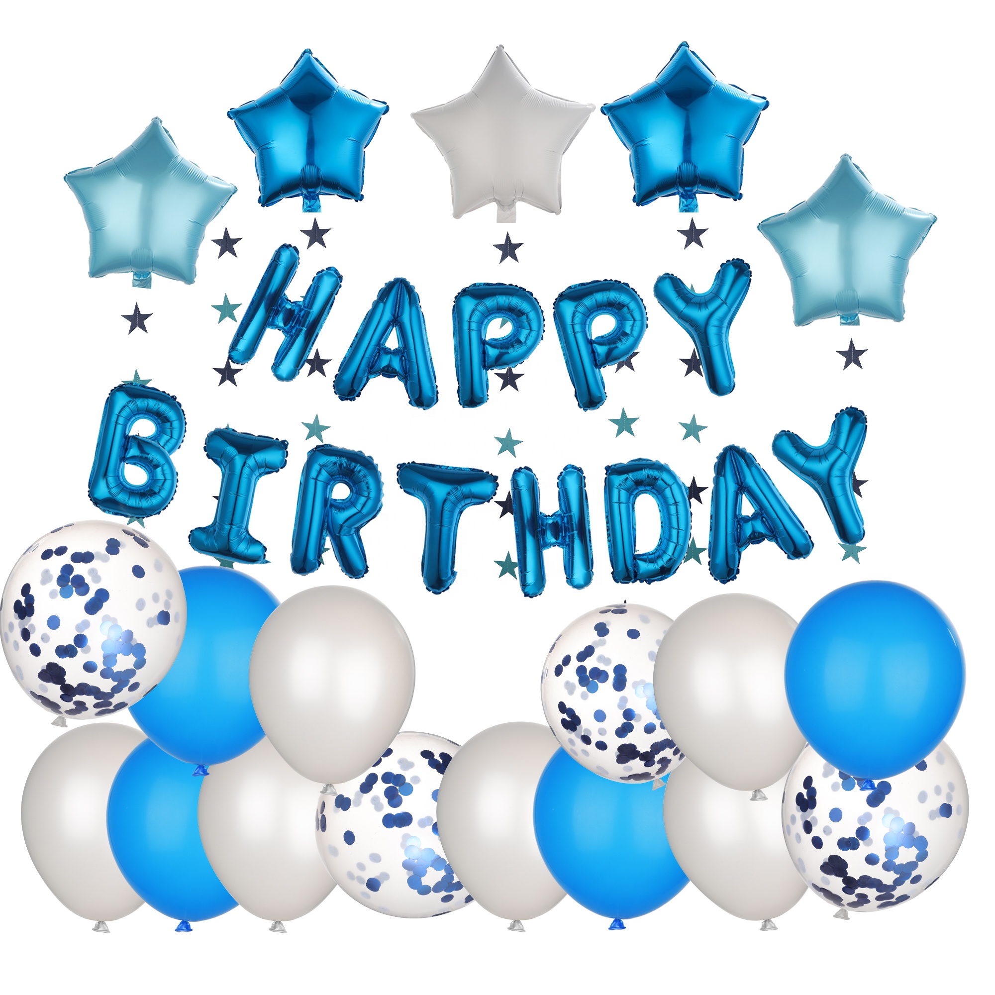 Blue and white happy birthday party decoration set aluminum foil balloon confetti balloon decoration set