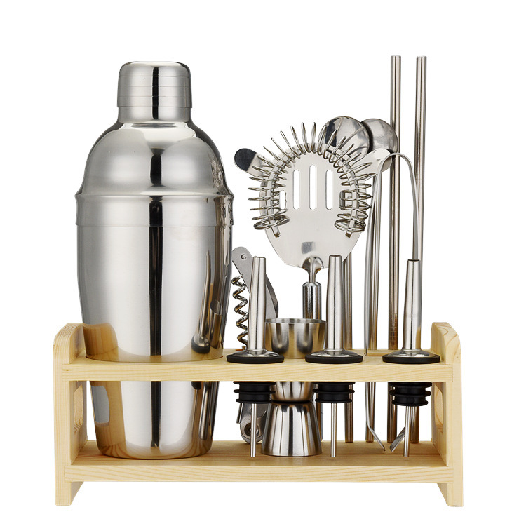 Factory Professional Barware Tools Wooden Stand Gift Stainless Steel Bartender Kit Bar Accessories Jigger Cocktail Shaker Set