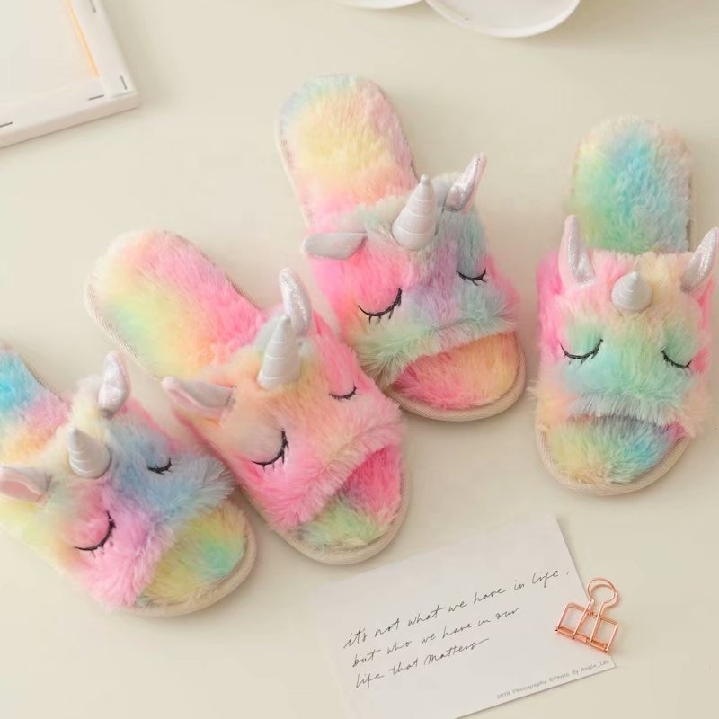 customizable New Summer Winter Colorful kids shoes with fur big fuzzy slippers Plush Unicorn Slippers