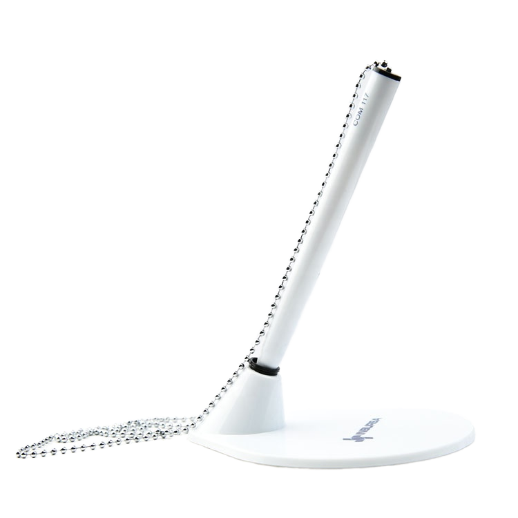Promotional custom logo desktop desk pen stand with long metal chain for hotels banks schools.