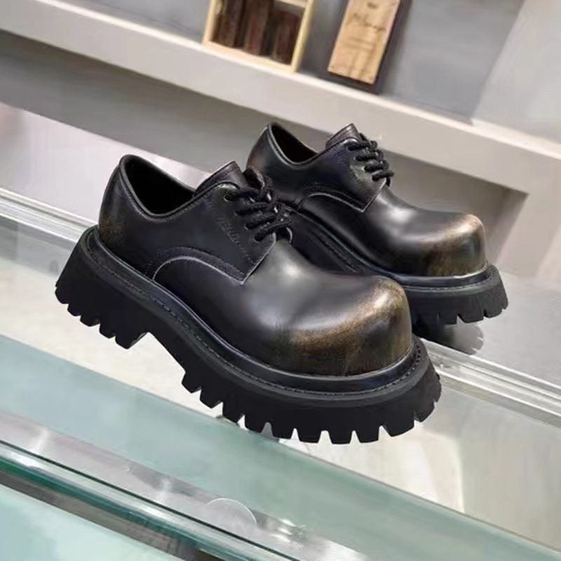 Distressed Leather Derby Loafers - Genuine Leather Winter Shoes with Thick Sole and Lace-Up Closure