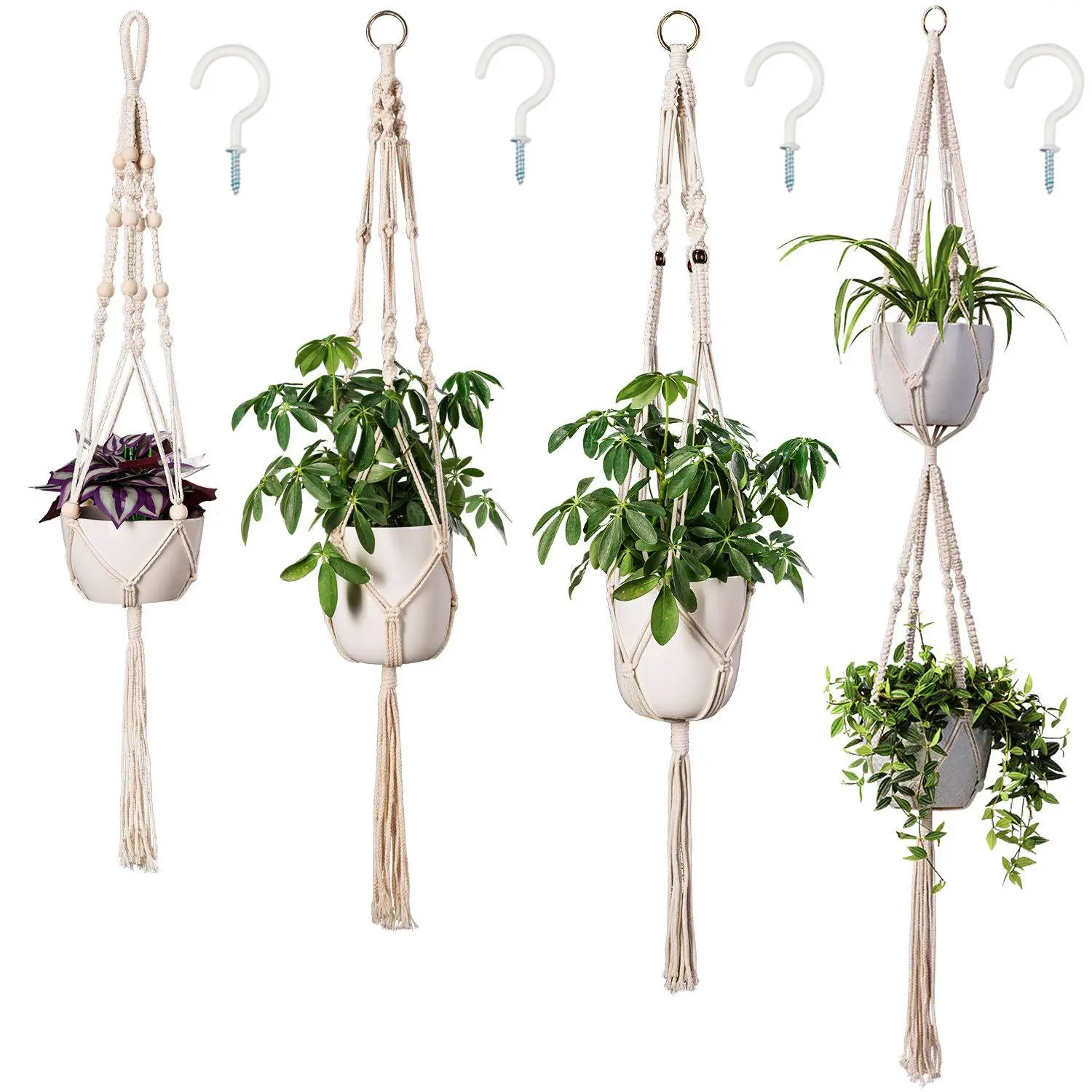 Handmade Cotton Indoor Outdoor Hanging Planter Basket Boho Style Flower Pot Holder Macrame Plant Hangers Set of 4