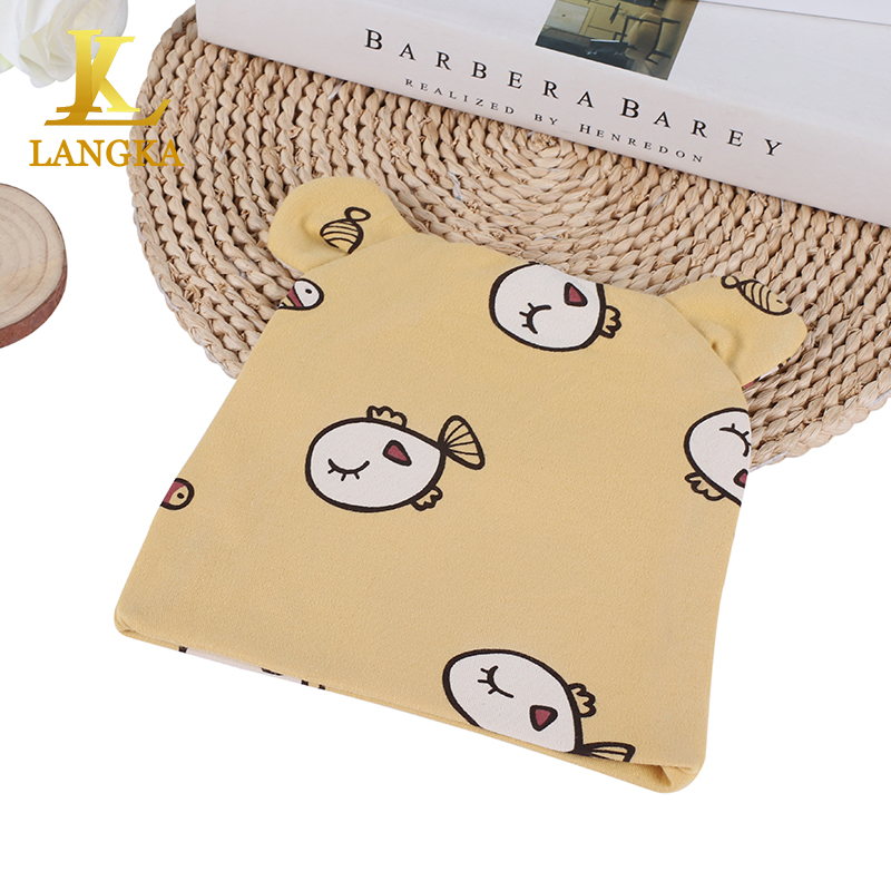 Selling yellow animal printed hat 100% organic beanie cotton baby cap hats for winter