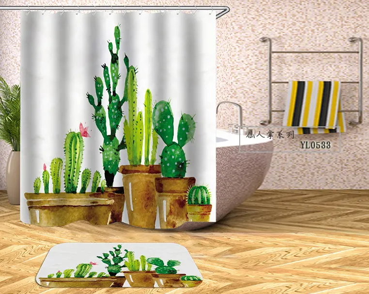G&D Cactus Printing  Waterproof and Mildew Green Nature Shower Curtains