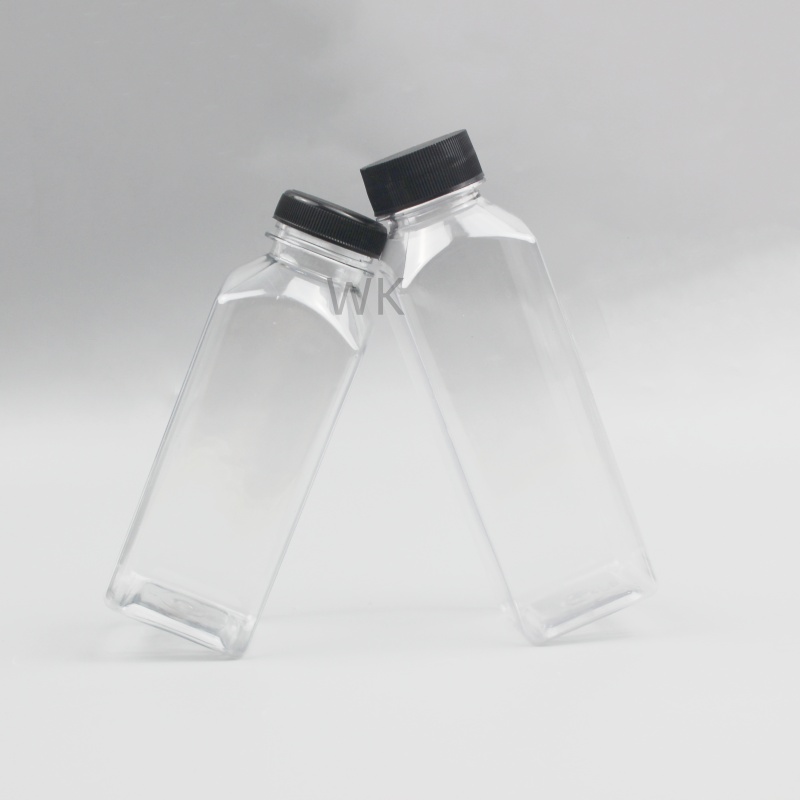 250ml 360ml Logo Custom Square Empty Plastic Juice Bottle PET Beverage Bottle With Caps
