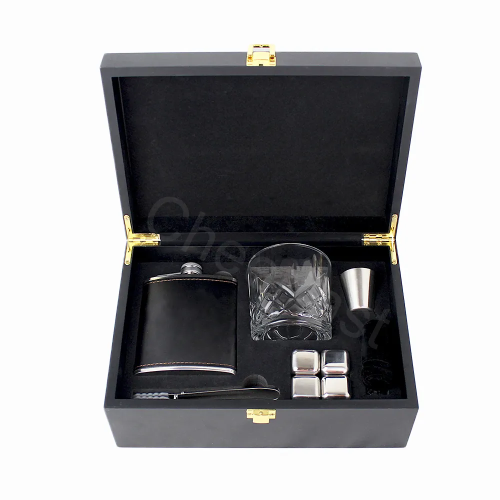 Quickly Shipment  Stainless Steel Whiskey Stones Wooden Box Set And Black 6 Oz Hip Flask  And 7oz Metal Travel Wine Pot