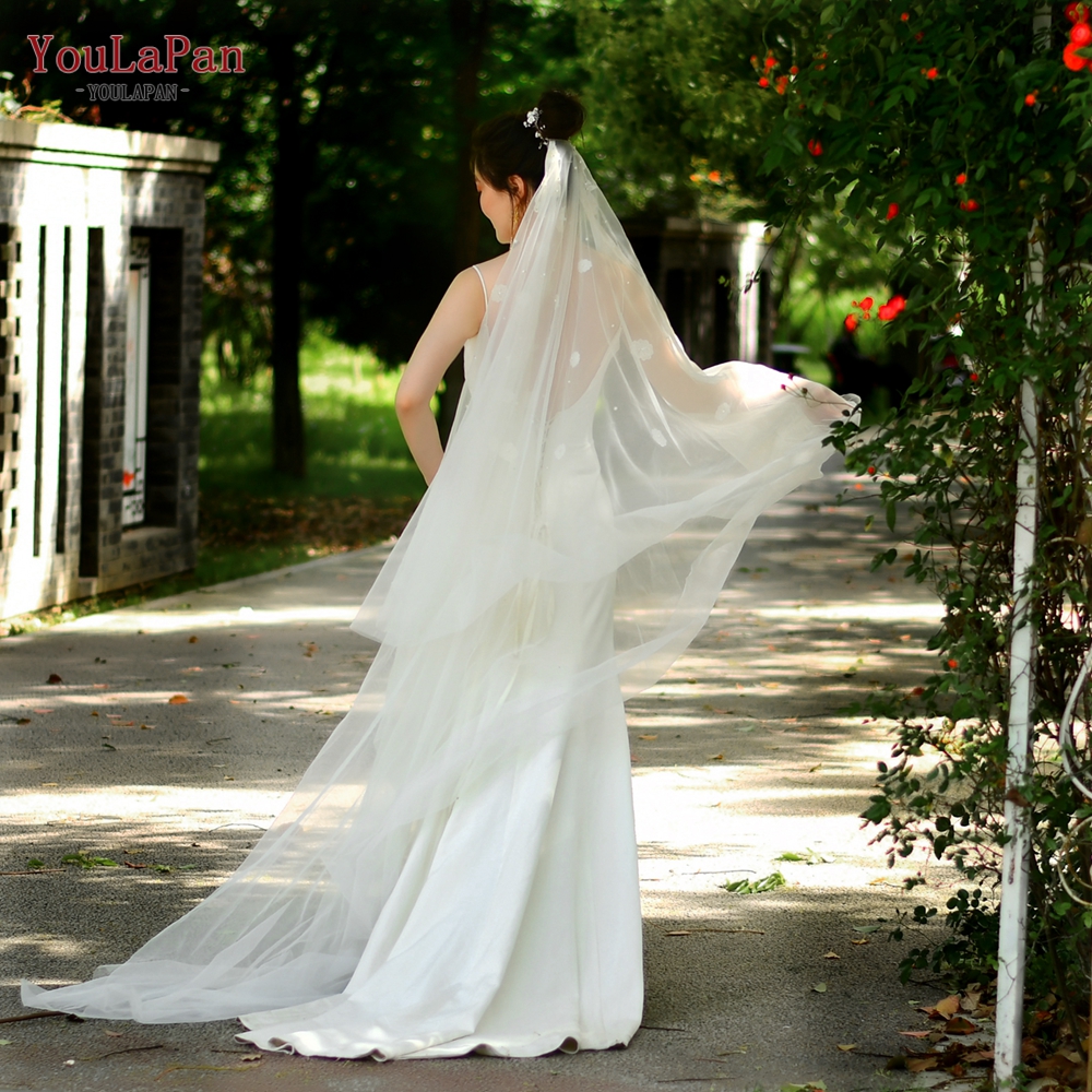 YouLaPan V61Fabric Цветочная мягкая Свадебная двухслойная кружевная жемчужная вуаль белые свадебные аксессуары длиной 2 метра