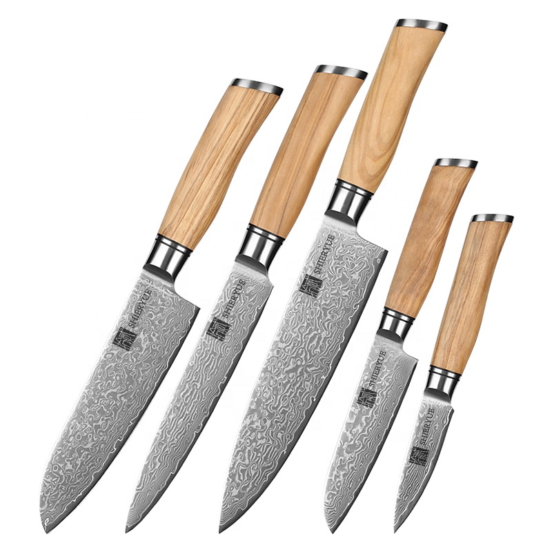 Hot Sale 5 Pcs 67 Layers Damascus Knife Set Luxury Custom Olive Wood Damascus Steel Kitchen Knives