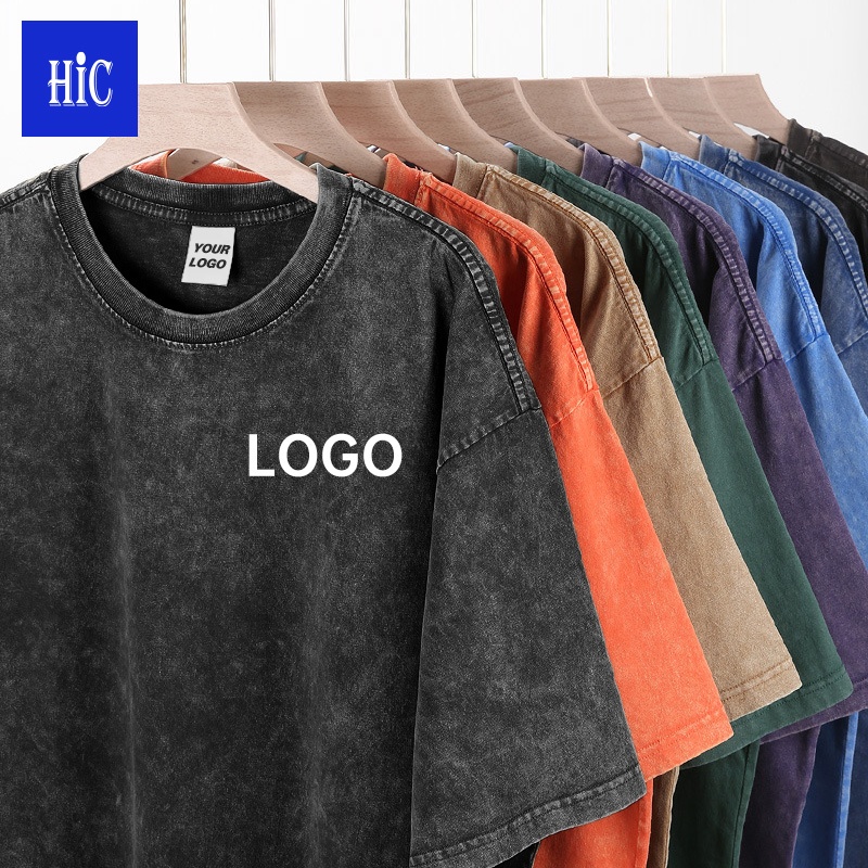 HIC Wholesale custom 100%Cotton 250G Heavy acid Washed vintage streetwear Short Sleeve Oversize tshirt for men
