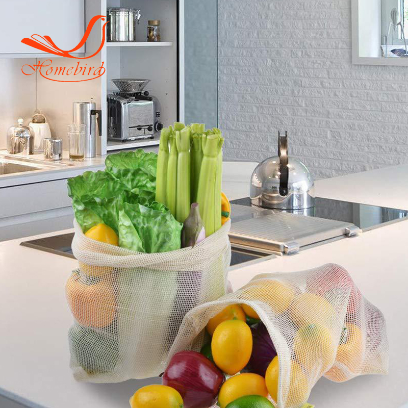 Reusable cotton mesh bag draw string storage bag for fruit and vegetable