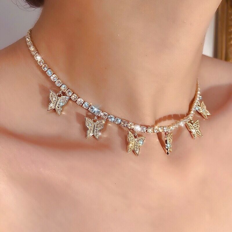 High Quality Crystal Rhinestone Insect Tennis Chain Necklace Gold Plated Butterfly Pendant Necklace Jewelry
