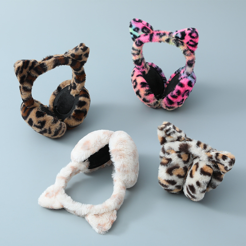 Tiktok Adjustable Fuzzy Faux Fur Cute Leopard Earmuff for Women Solid Warm Winter Windproof Foldable Ear Warmers Ears Cover