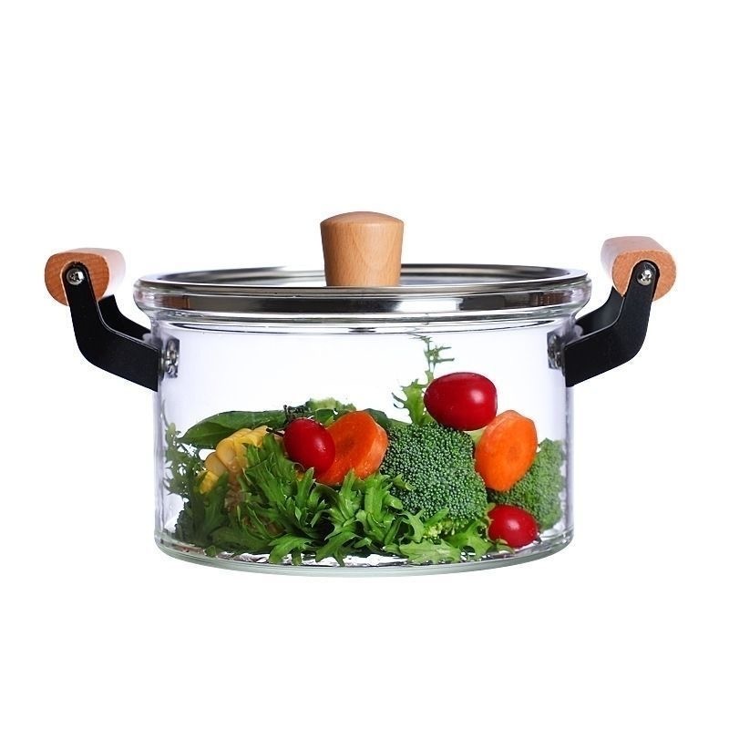 Wholesale Thickened High Borosilicate Heat-resistant Glass Wood Handle Pot Cookware Fire Heating Glass Pot Soup Cooking Pot