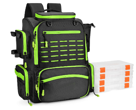 Custom Multi-function 34L Large Storage Fishing Tackle Backpack with Rod Holders and 4 Tackle Boxes and Waterproof Rain Cover