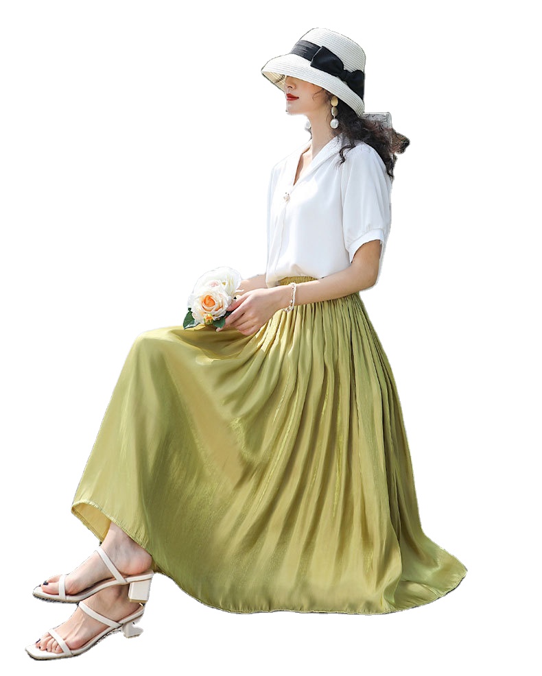 Spring Autumn New Womens Pleated Pearly Lustre Skirts High-Waist Midi Skirts Ladies A-Line Skirts