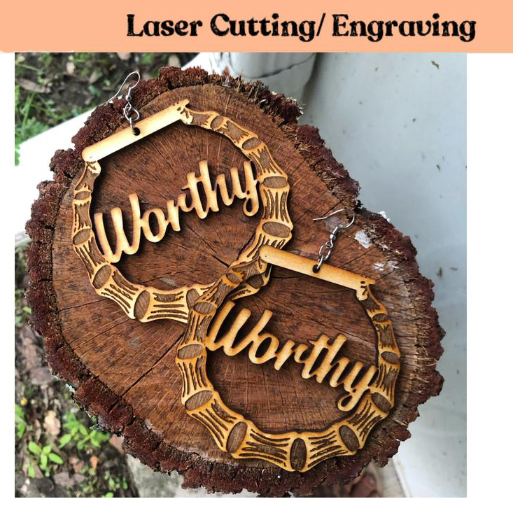 Laser Cutting Bamboo Joint Worthy Blessed Hoop Earrings