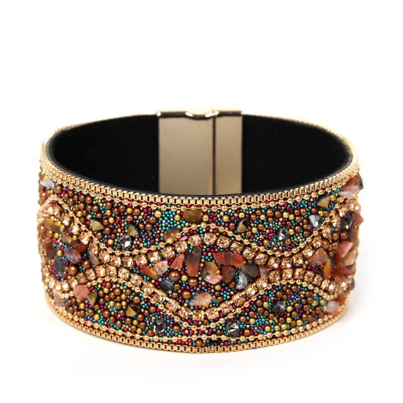 Fashionable Vintage Width Multi Color Natural Stone Bracelet Shiny Crystal Rhinestone Leather Wristbands For Women Men