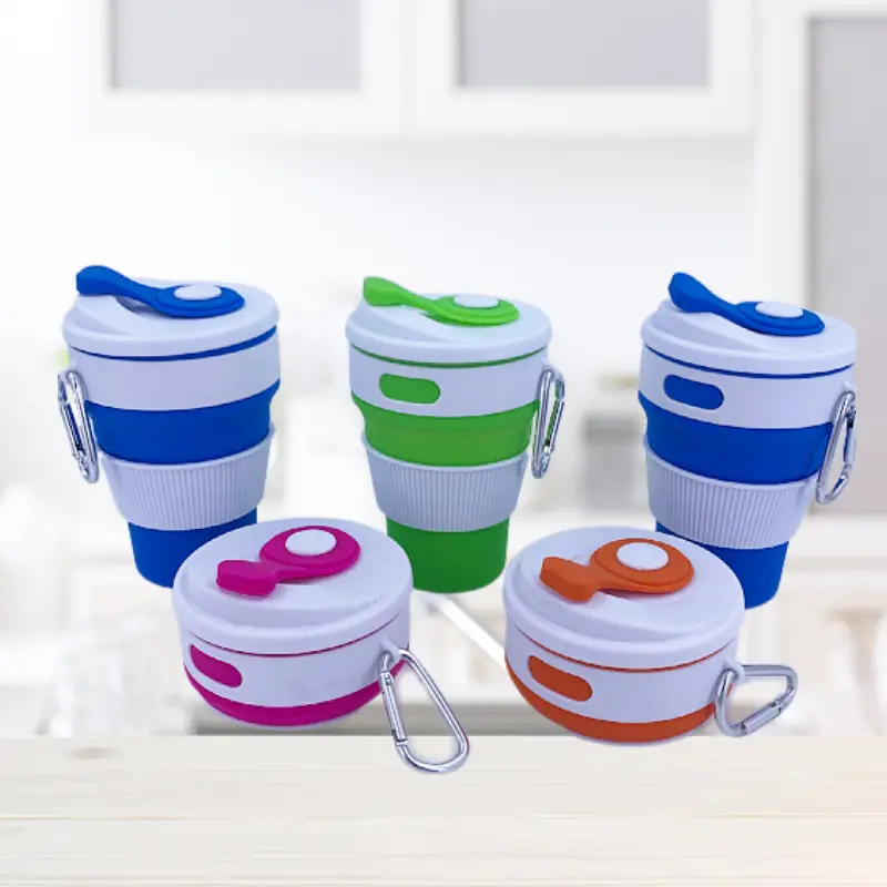 Food Grade Material Reusable Foldable Silicone Folding Rubber Drinking Collapsible Travel Silicone Coffee Cup With Lids