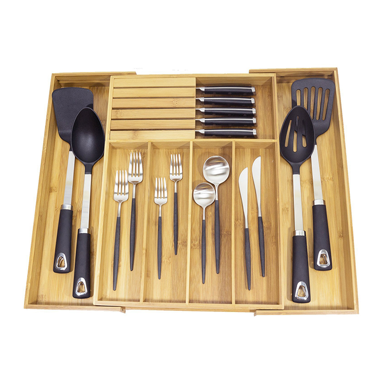 Expandable Bamboo Silverware Tray Kitchen Drawer Organizer with Removable Dividers for Utensils and Cutlery