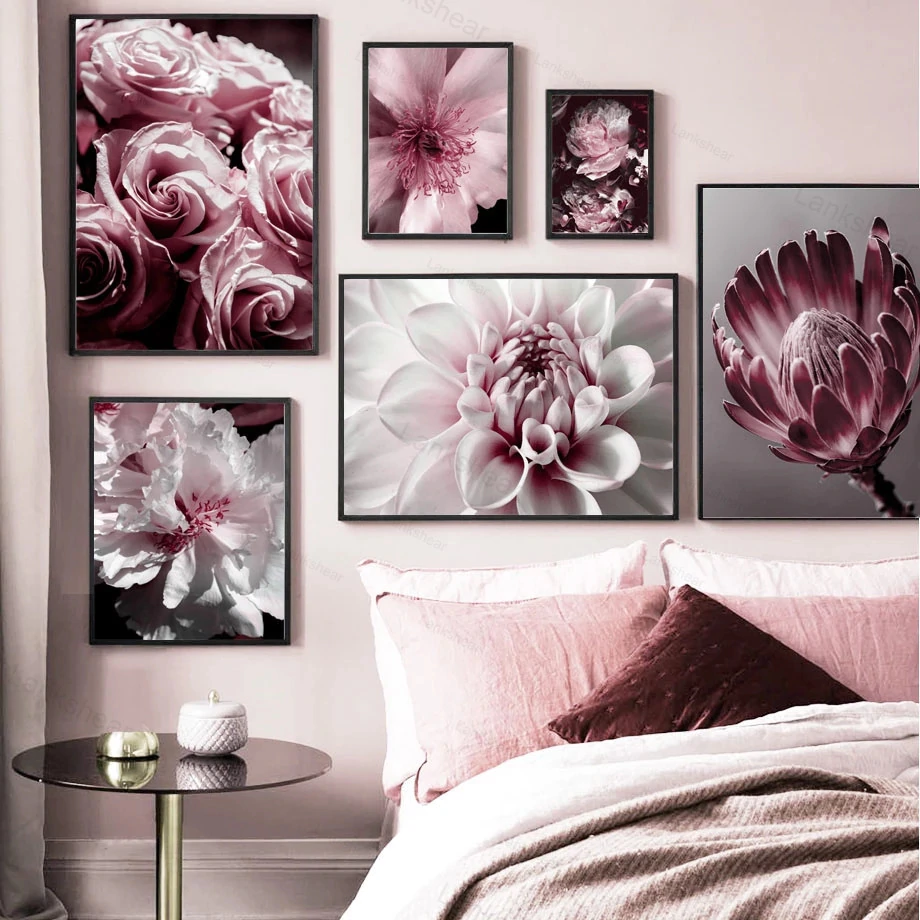 Big Pink Peony Rose Flower Leaves Wall Art Canvas Painting Nordic Posters and Prints Wall Pictures for Living Room Salon Decor