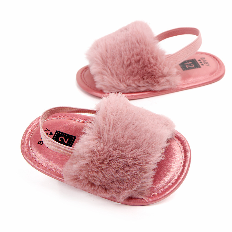 Toddler Baby Girls Plush Sandals Soft Sole Faux Fur Flats Prewalker Slippers With Elastic Back Strap