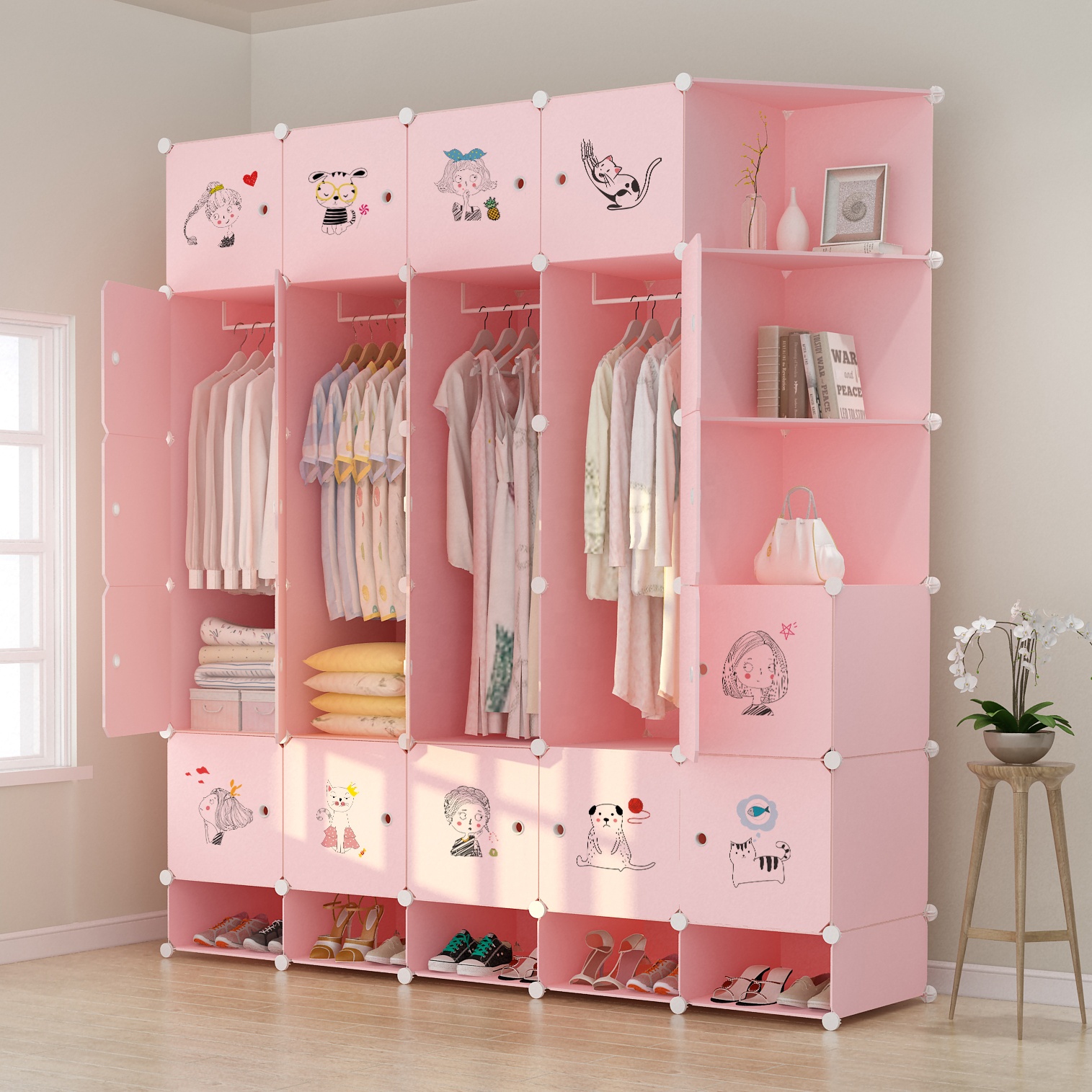 Pink Plastic Wardrobe Storage Box для Kids, Cube Organizer, Portable Closet, Assemble