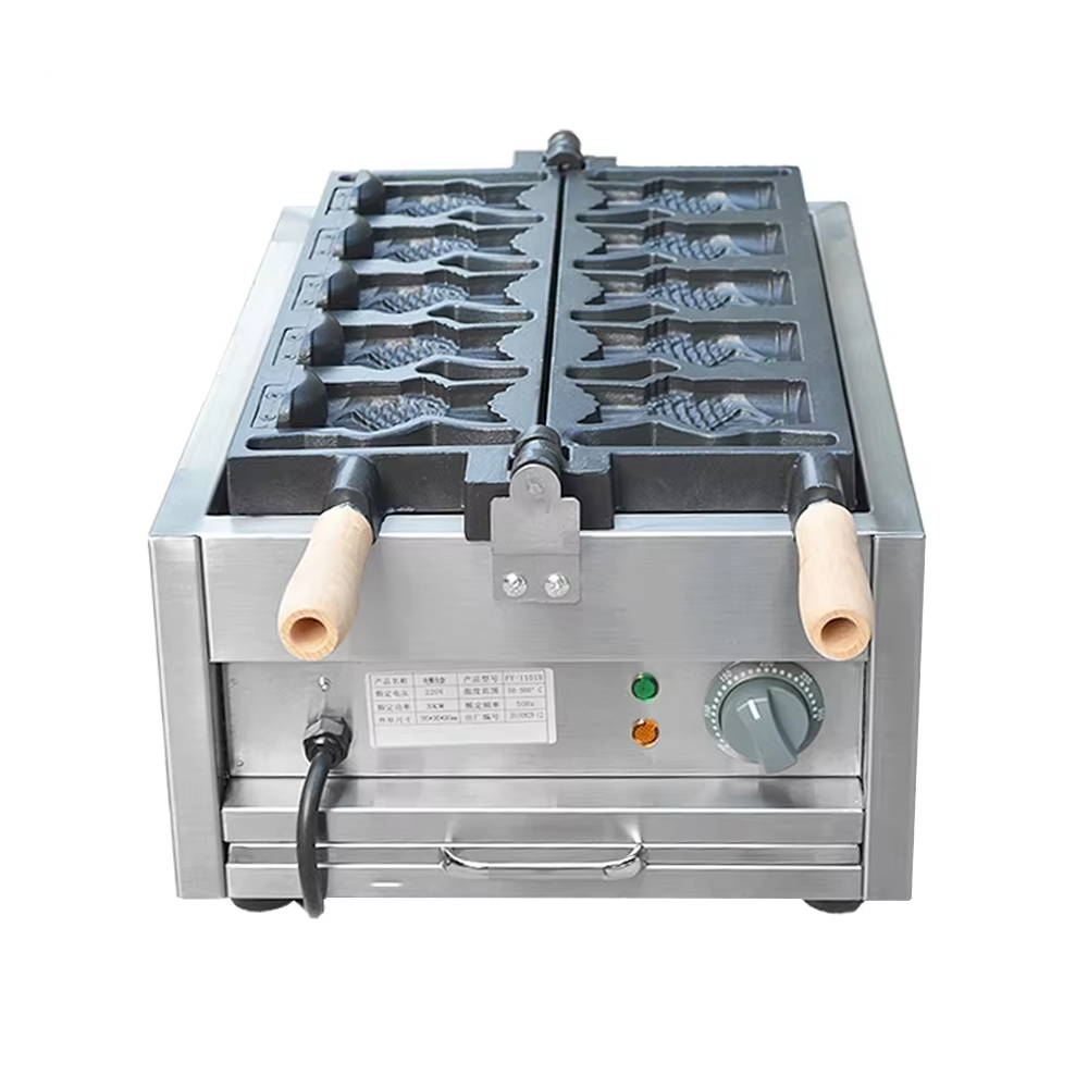 XEOLEO Commercial 5 Pcs Electric Open Mouth Fish Shape Waffle Maker Ice Cream Cone Taiyaki Waffle Maker Machine