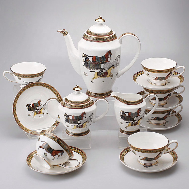 Factory Wholesale 17pcs Fine Bone China Tableware European Ceramic Royal Porcelain Coffee Set Horse Printing Arabic Tea Cup Set