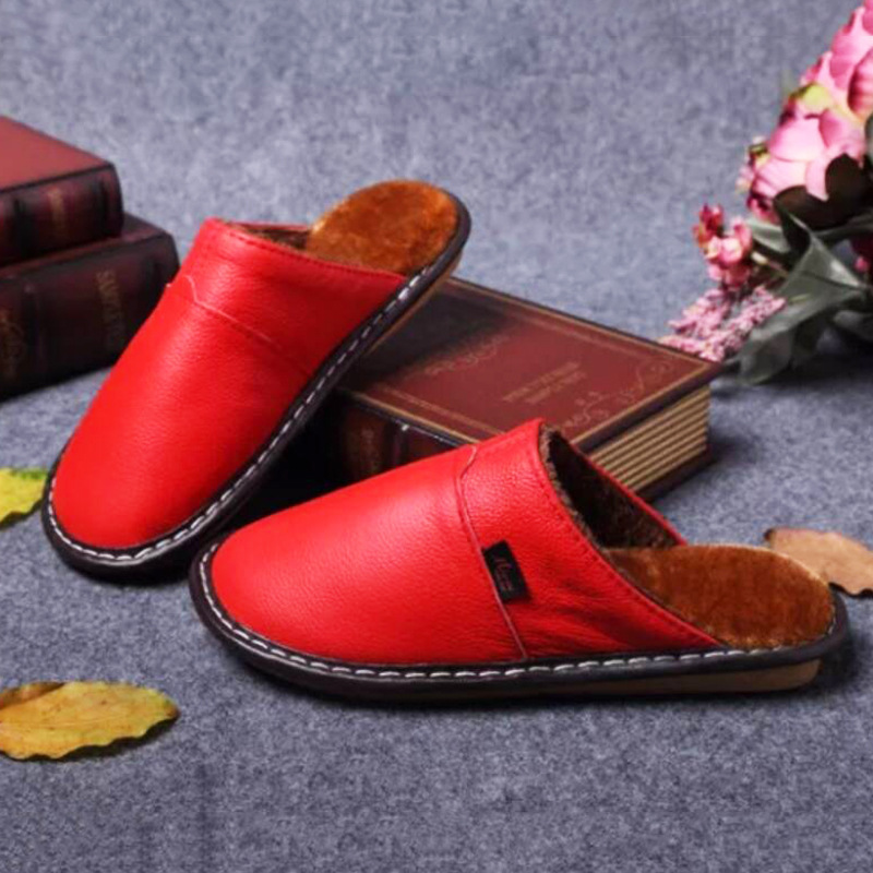 Winter Home Non-slip Real Leather Baotou shoes Solid Color Trendy Real Cowhide Slippers