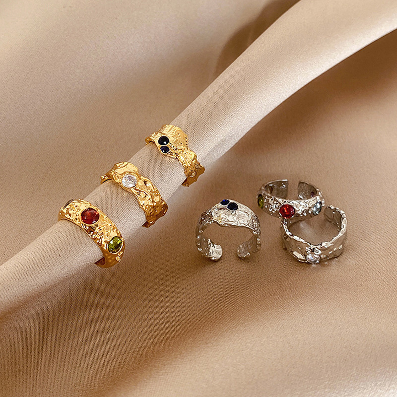 European Vintage Trendy Real Irregular Metal Colorful Zircon Finger Rings Gold Plated Texture Opening Ring