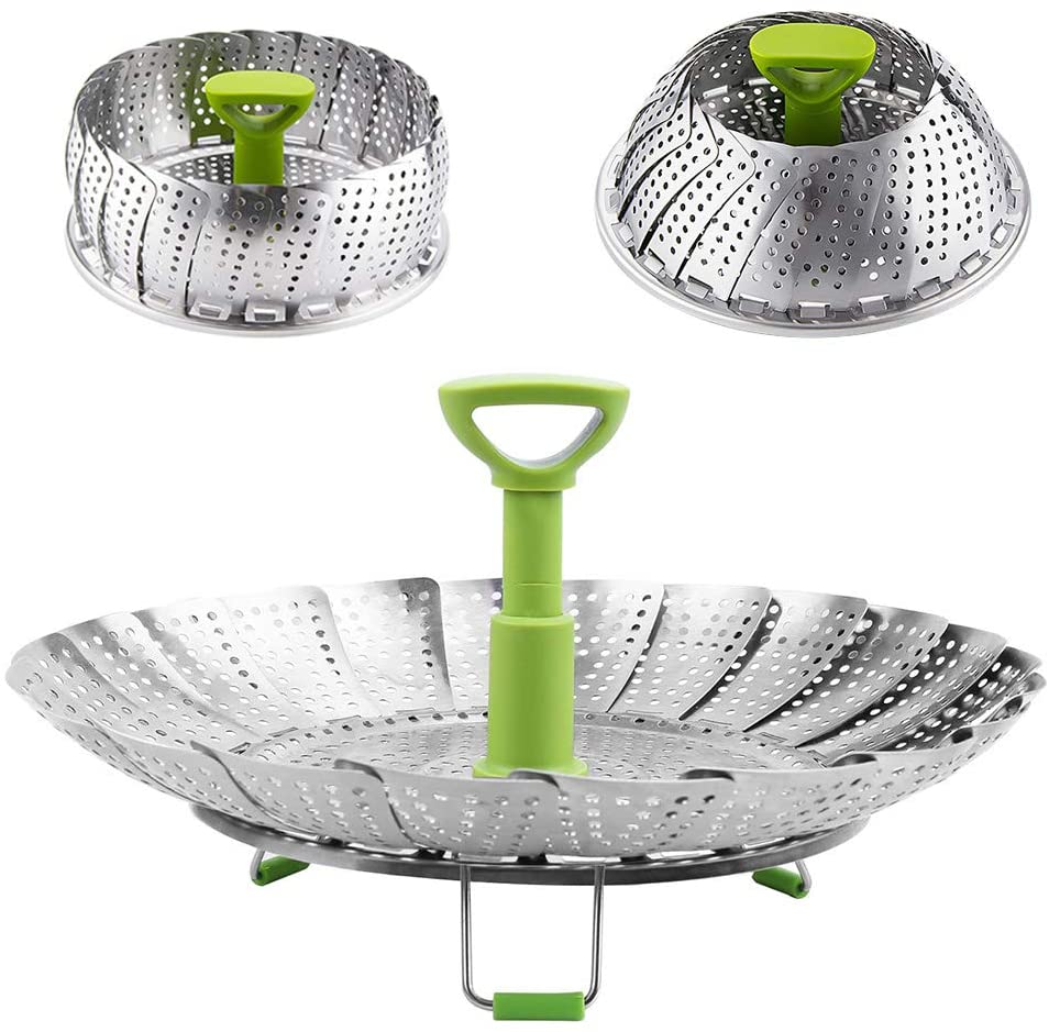 Vegetable Steamer Basket, Stainless Steel Folding Steamer with Extending Removable Center Handle Insert for Veggie Seafood Cooki