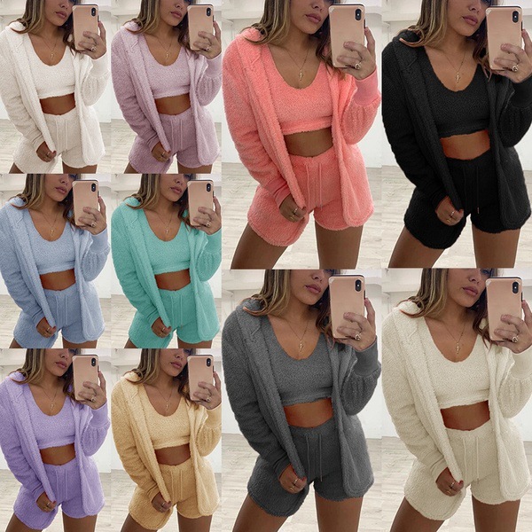 Fall 2021 Women Clothes Fleece Fuzzy Lingerie Suit 3 Piece Sleepwear Set Winter Cozy Lounge Wear Sets Furry Pajama Set