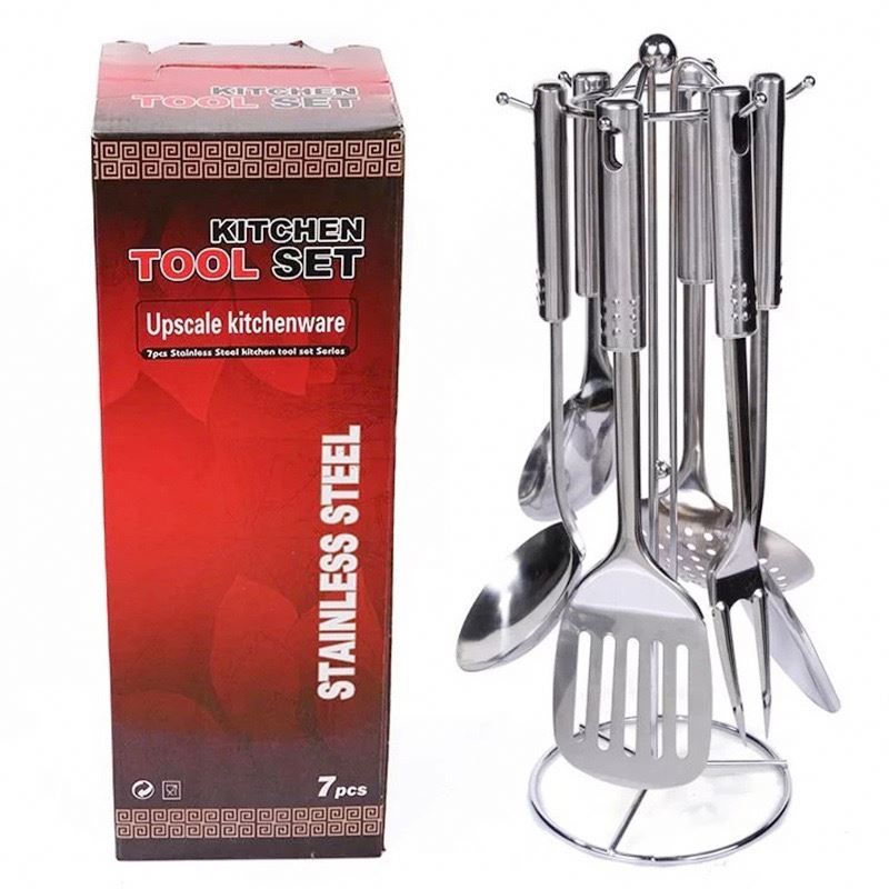 Kitchen Accessories 7 Pieces Stainless Steel Ladle Spatula Soup Spoon Colander Rack Cooking Utensils Sets