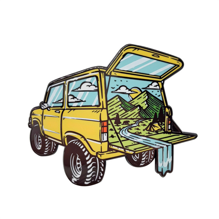Jeep car shaped outdoor tourism scenery brooch ins wind mountain peak river nature themed metal hard enamel badge pin