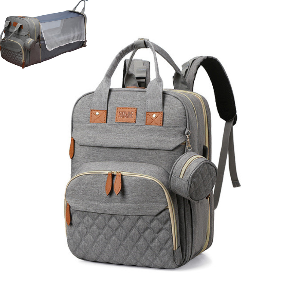 New Design Fashion Mom Nappy Bag Waterproof Travel Backpack Multifunctional Bassinet Diaper Bag With Shade Mosquito Net