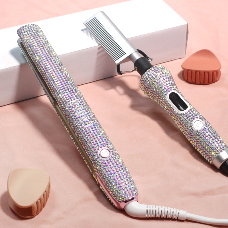 Private Label Orange Diamond 500 Degrees Hair Straightener Ceramic Bling Electric Combs Hot Comb With Packaging
