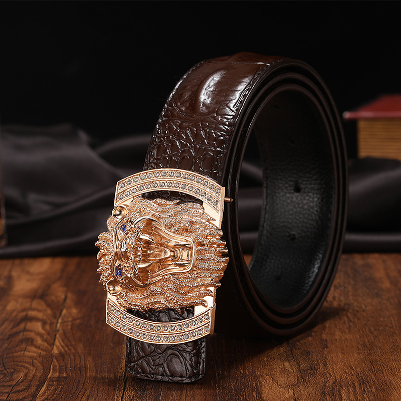 Crocodile Pattern Genuine Leather Belt Men, New-designed Lion Buckle Men Belts