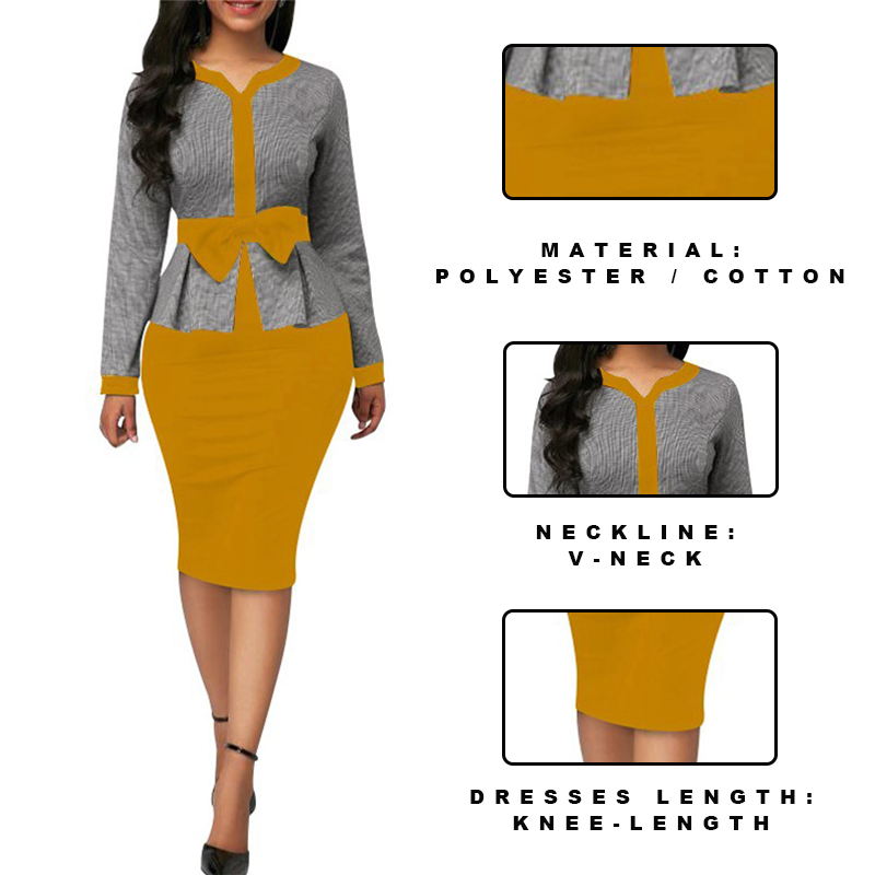 2021 New Design Wholesale Sexy Bow V-Neck Knee Length Splice Women's Office Dress