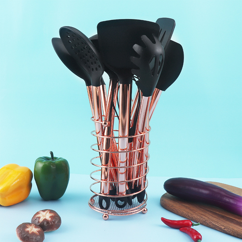 New Design Electroplating Stainless Steel Rose Gold Handle Kitchen Cooking Utensil Set Silicone With Utensil Rack