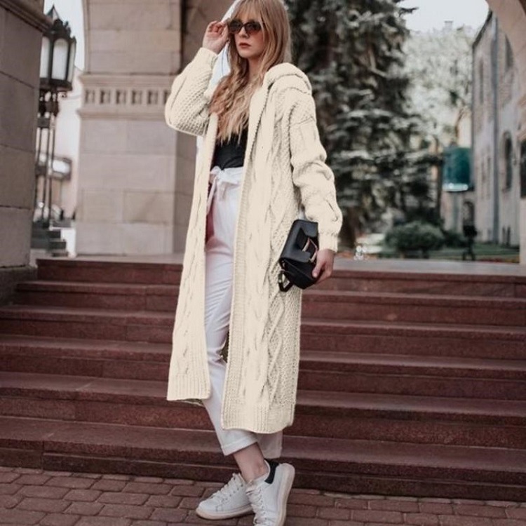 Foreign trade new 2021wish Europe and America autumn and winter hot solid color hooded long cardigan sweater twist sweater women